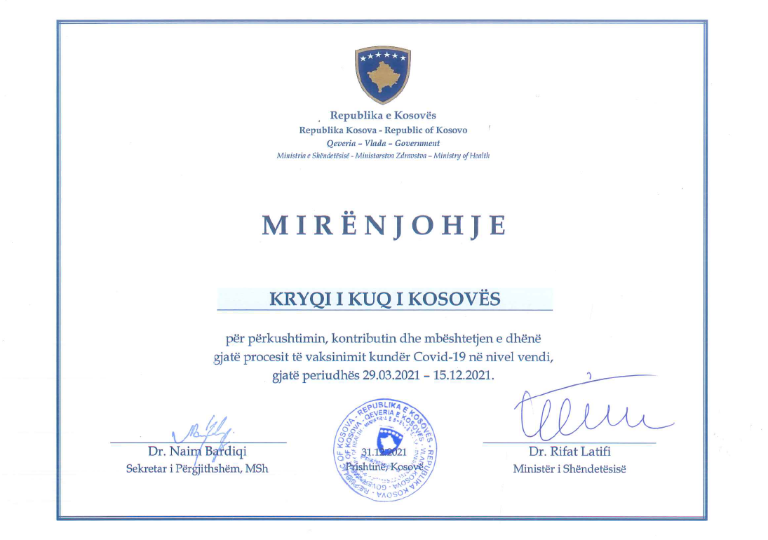 Read more about the article Ministria e Shëndetësisë nderoi Kryqin e Kuq të Kosovës me Mirënjohje